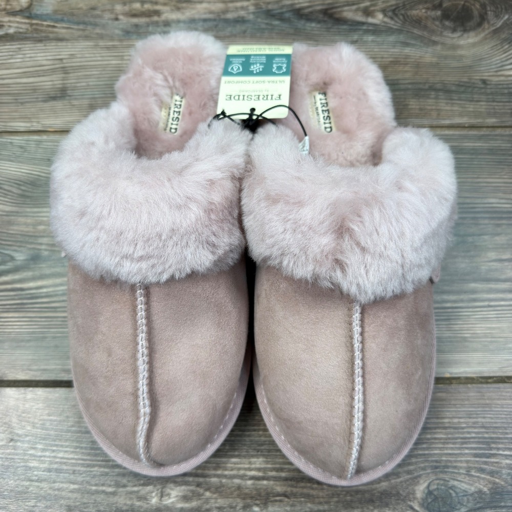 Fireside by Dearfoams Women 8.5 Slippers Pink Genuine Shearling Suede NEW